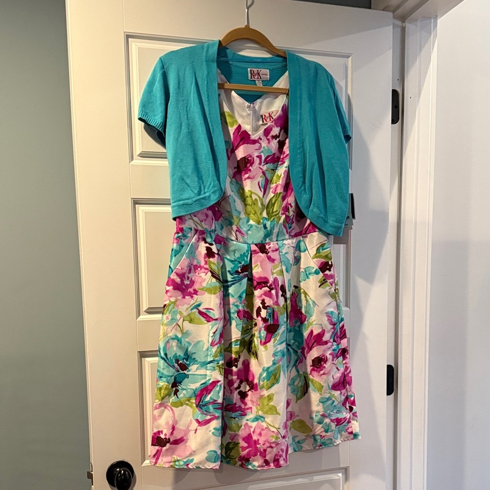 R&K Vibrant Floral Midi Dress with Teal Shrug